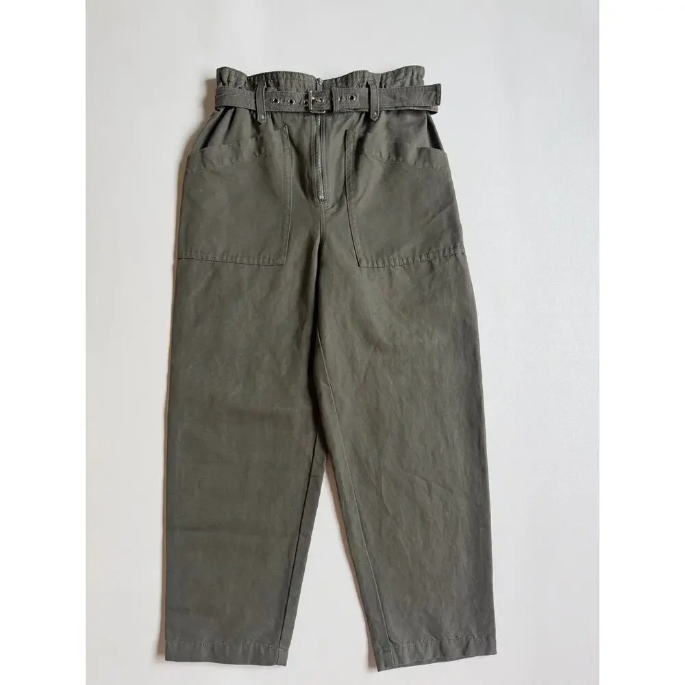 Banana Republic Women's Dark Olive Cotton-linen Blend Paperbag Pants Size 4P